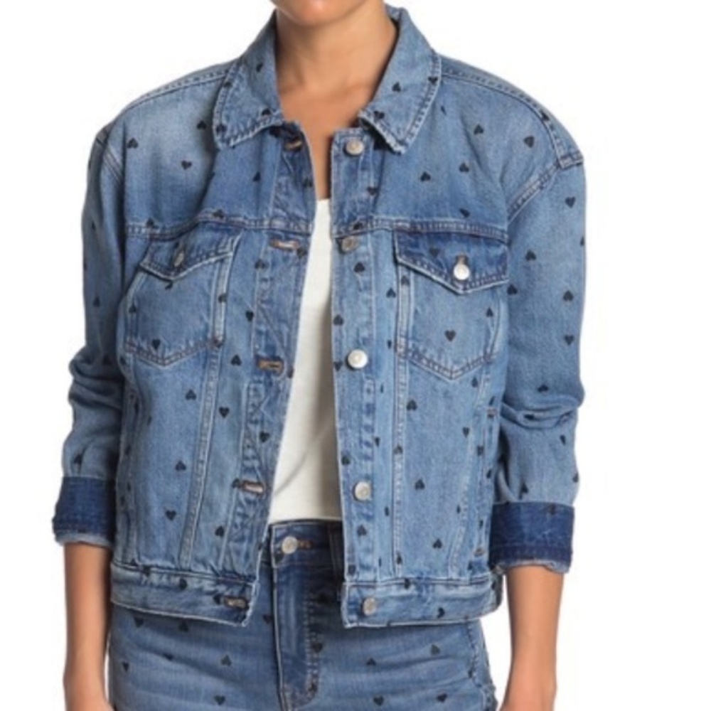 New! Madewell Crop Heart Print Denim Jacket Large
